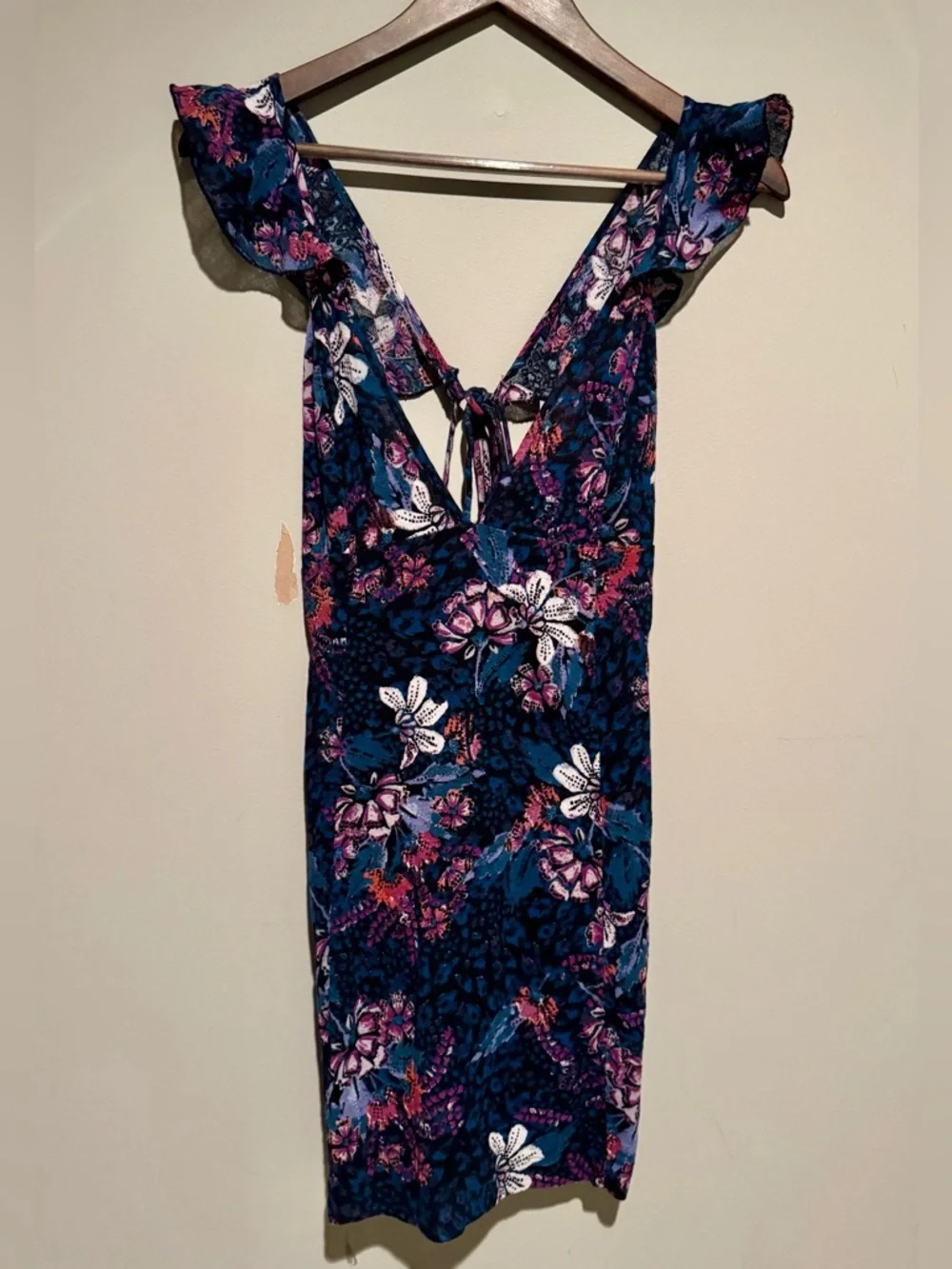 Free People Josie Floral Deep V Neck Minidress Ruffle Sleeves Size S - Picture 2 of 10